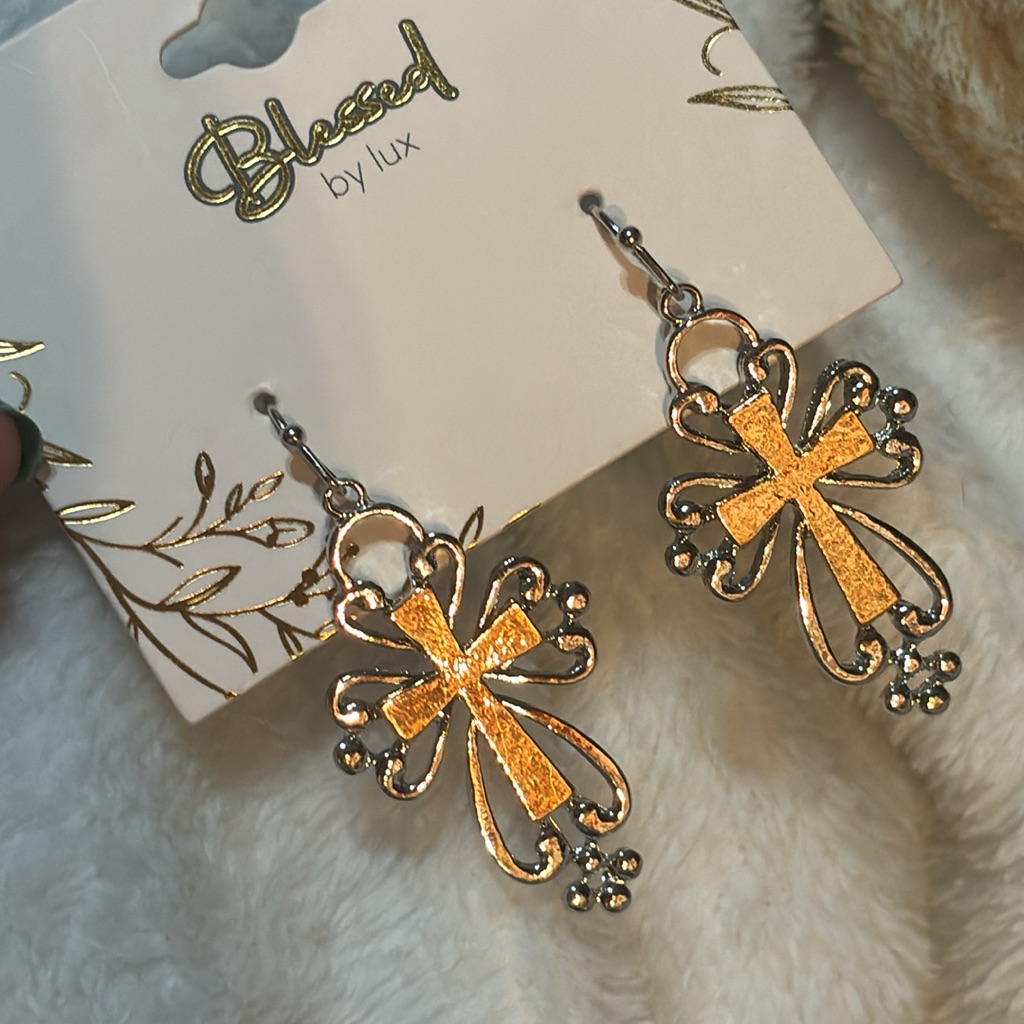 Blessed Twotone Cross Dangle Earrings Blessed Twotone Cross Dangle Earrings